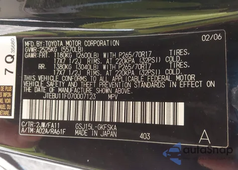 2007 Toyota Fj Cruiser z USA, uszkodzony, nr VIN JTEBU11F070007123